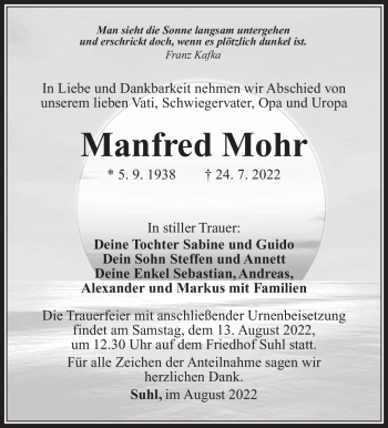 Traueranzeige von Manfred Mohr von Südthüringer Presse