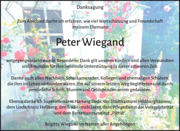 Traueranzeige von Peter Wiegand von Südthüringer Presse