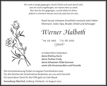 Traueranzeige von Werner Halboth von Südthüringer Presse