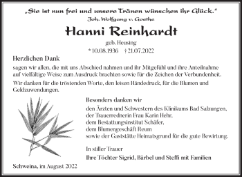 Traueranzeige von Hanni Reinhardt von Südthüringer Presse