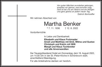 Traueranzeige von Martha Benker von Frankenpost