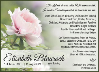 Traueranzeige von Elisabeth Blaurock von Südthüringer Presse