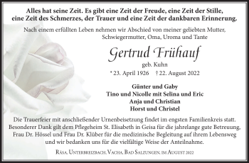 Traueranzeige von Gertrud Frühauf von Südthüringer Presse