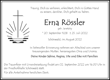 Traueranzeige von Erna Rössler von Frankenpost