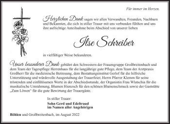 Traueranzeige von Ilse Schreiber von Südthüringer Presse