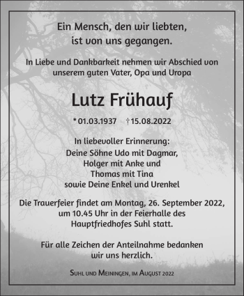 Traueranzeige von Lutz Frühauf von Südthüringer Presse