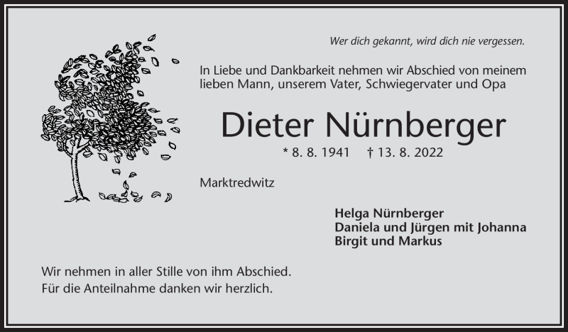  Traueranzeige für Dieter Nürnberger vom 20.08.2022 aus Frankenpost