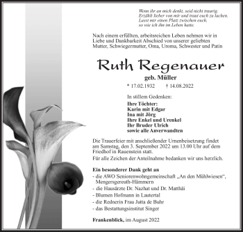 Traueranzeige von Ruth Regenauer von Südthüringer Presse