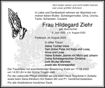 Traueranzeige von Hildegard Ziehr von Frankenpost