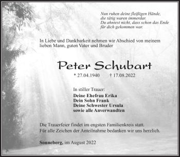 Traueranzeige von Peter Schubart von Südthüringer Presse
