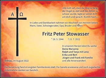 Traueranzeige von Fritz Peter Stowasser von Frankenpost