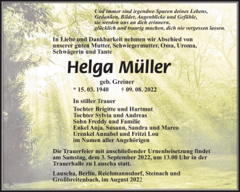 Traueranzeige von Helga Müller von Südthüringer Presse