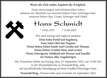 Traueranzeige von Hans Schmidt von Südthüringer Presse