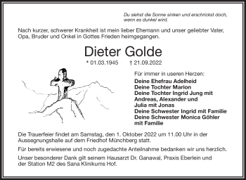 Traueranzeige von Dieter Golde von Frankenpost