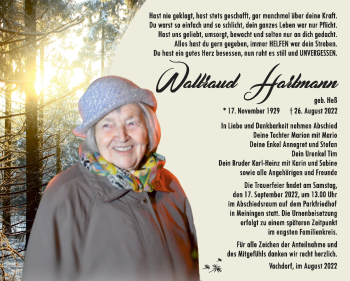 Traueranzeige von Waltraud Hartmann von Südthüringer Presse