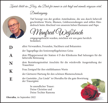 Traueranzeige von Manfred Weißbach von Südthüringer Presse