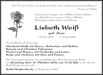 Traueranzeige von Lisbeth Weiß von Südthüringer Presse