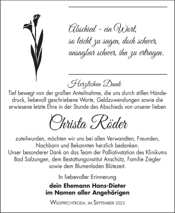 Traueranzeige von Christa Röder von Südthüringer Presse