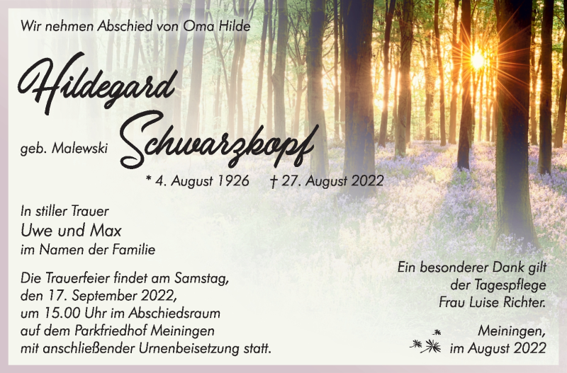  Traueranzeige für Hildegard Schwarzkopf vom 10.09.2022 aus Südthüringer Presse