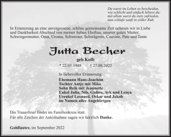 Traueranzeige von Jutta Becher von Südthüringer Presse