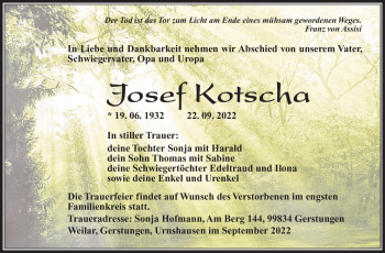 Traueranzeige von Josef Kotscha von Südthüringer Presse