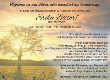 Traueranzeige von Erika Bittorf von Südthüringer Presse