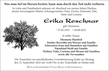 Traueranzeige von Erika Reschnar von Südthüringer Presse