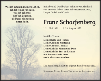 Traueranzeige von Franz Scharfenberg von Südthüringer Presse