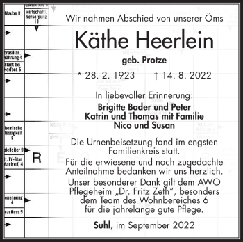 Traueranzeige von Käthe Heerlein von Südthüringer Presse