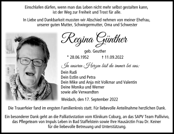 Traueranzeige von Regina Günther von Neue Presse Coburg