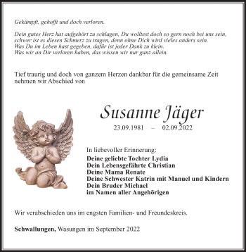 Traueranzeige von Susanne Jäger von Südthüringer Presse