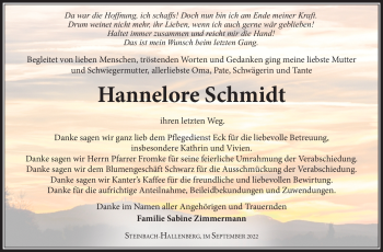 Traueranzeige von Hannelore Schmidt von Südthüringer Presse