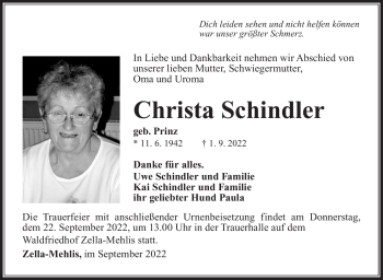 Traueranzeige von Christa Schindler von Südthüringer Presse