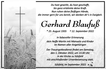 Traueranzeige von Gerhard Blaufuß von Südthüringer Presse