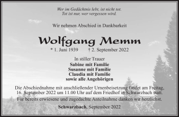 Traueranzeige von Wolfgang Memm von Südthüringer Presse