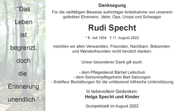Traueranzeige von Rudi Specht von Südthüringer Presse