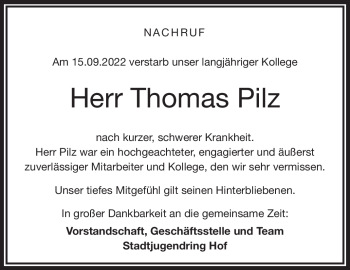 Traueranzeige von Thomas Pilz von Frankenpost