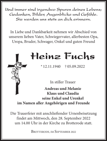 Traueranzeige von Heinz Fuchs von Südthüringer Presse