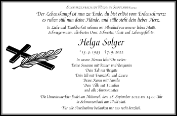 Traueranzeige von Helga Solger von Frankenpost
