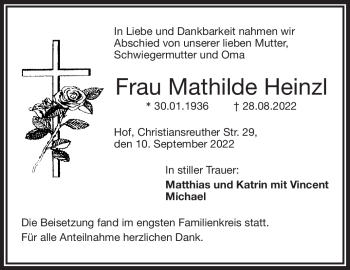 Traueranzeige von Mathilde Heinzl von Frankenpost