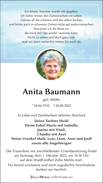 Traueranzeige von Anita Baumann von Südthüringer Presse