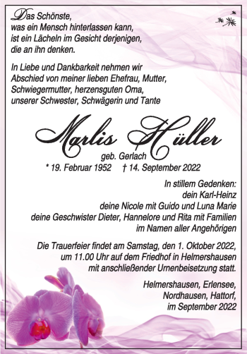 Traueranzeige von Marlis Hüller von Südthüringer Presse