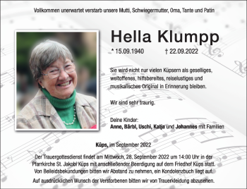 Traueranzeige von Hella Klumpp von Neue Presse Coburg