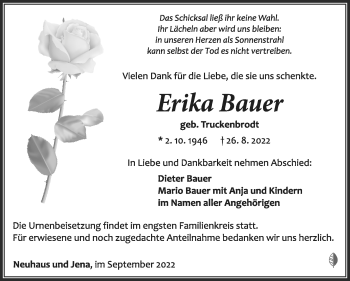 Traueranzeige von Erika Bauer von Südthüringer Presse