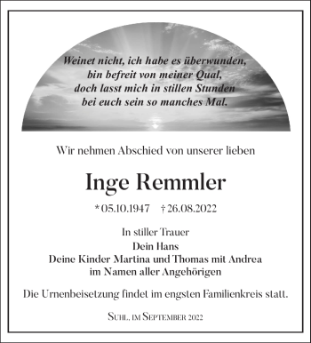 Traueranzeige von Inge Remmler von Südthüringer Presse