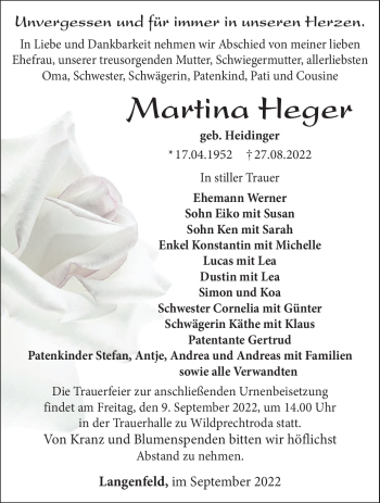 Traueranzeige von Martina Heger von Südthüringer Presse