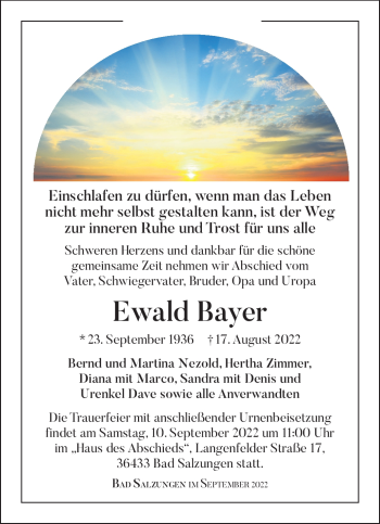 Traueranzeige von Ewald Bayer von Südthüringer Presse