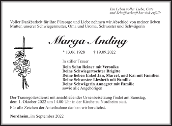 Traueranzeige von Marga Anding von Südthüringer Presse