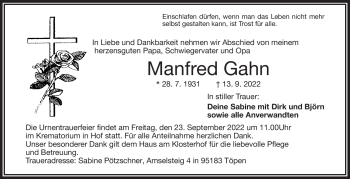 Traueranzeige von Manfred Gahn von Frankenpost