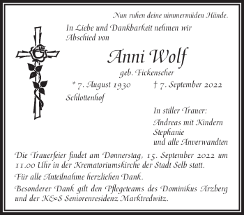 Traueranzeige von Anni Wolf von Frankenpost